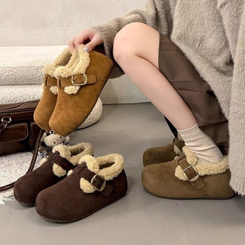 Loaferi dame din piele intoarsă, cu căptușeală din fleece, talpă din cauciuc groasă, talie joasă, vârf rotund, stil coreean de iarnă