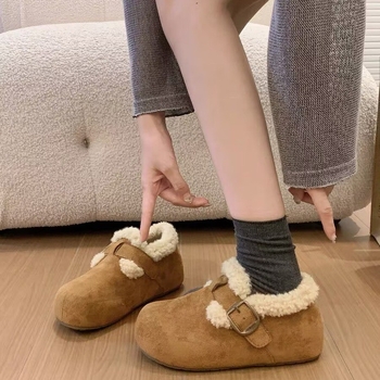 Loaferi dame din piele intoarsă, cu căptușeală din fleece, talpă din cauciuc groasă, talie joasă, vârf rotund, stil coreean de iarnă