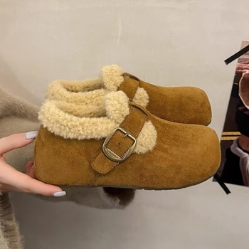 Loaferi dame din piele intoarsă, cu căptușeală din fleece, talpă din cauciuc groasă, talie joasă, vârf rotund, stil coreean de iarnă