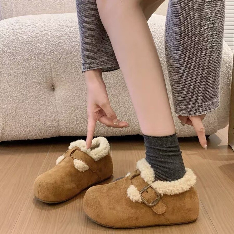 Loaferi dame din piele intoarsă, cu căptușeală din fleece, talpă din cauciuc groasă, talie joasă, vârf rotund, stil coreean de iarnă