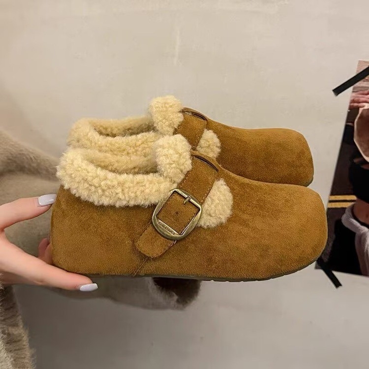 Loaferi dame din piele intoarsă, cu căptușeală din fleece, talpă din cauciuc groasă, talie joasă, vârf rotund, stil coreean de iarnă
