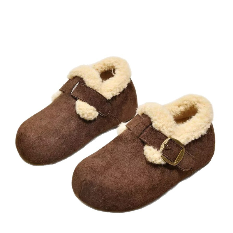 Loaferi dame din piele intoarsă, cu căptușeală din fleece, talpă din cauciuc groasă, talie joasă, vârf rotund, stil coreean de iarnă