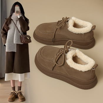 ZHR Sievietēm vilnas iekšējās ziemas sniega zābaki, zemie, virsējais no govs velūra ar mākslīgu jēru vilnu, gumijas zole, 3–5 cm papēdis, šņorēšana