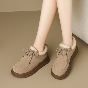 ZHR Sievietēm vilnas iekšējās ziemas sniega zābaki, zemie, virsējais no govs velūra ar mākslīgu jēru vilnu, gumijas zole, 3–5 cm papēdis, šņorēšana