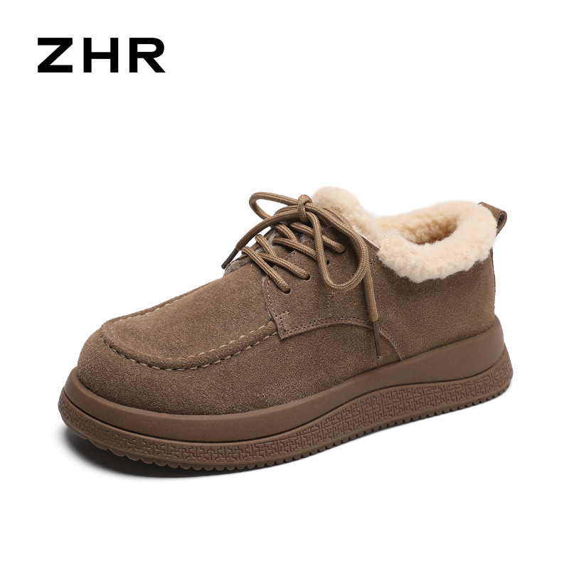 ZHR Sievietēm vilnas iekšējās ziemas sniega zābaki, zemie, virsējais no govs velūra ar mākslīgu jēru vilnu, gumijas zole, 3–5 cm papēdis, šņorēšana