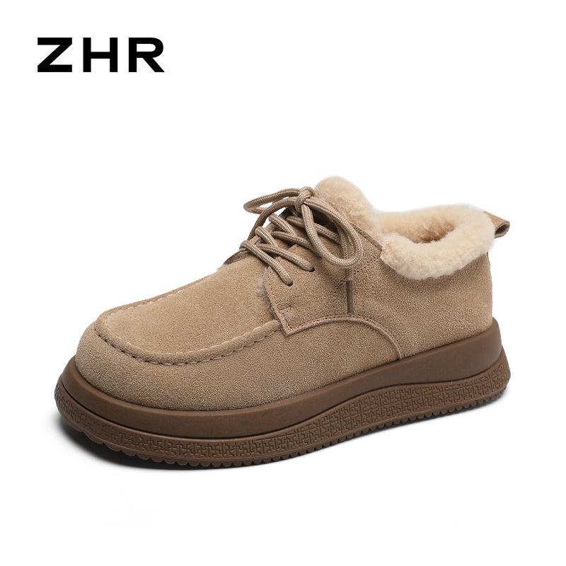 ZHR Sievietēm vilnas iekšējās ziemas sniega zābaki, zemie, virsējais no govs velūra ar mākslīgu jēru vilnu, gumijas zole, 3–5 cm papēdis, šņorēšana