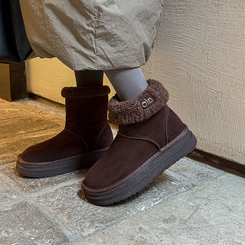 Ghete de iarnă în stil coreean, cu partea superioară din suede, impermeabile, antiderapante, căptușite cu blană artificială, talpă groasă, toc 3-5 cm