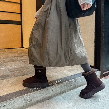 Ghete de iarnă în stil coreean, cu partea superioară din suede, impermeabile, antiderapante, căptușite cu blană artificială, talpă groasă, toc 3-5 cm