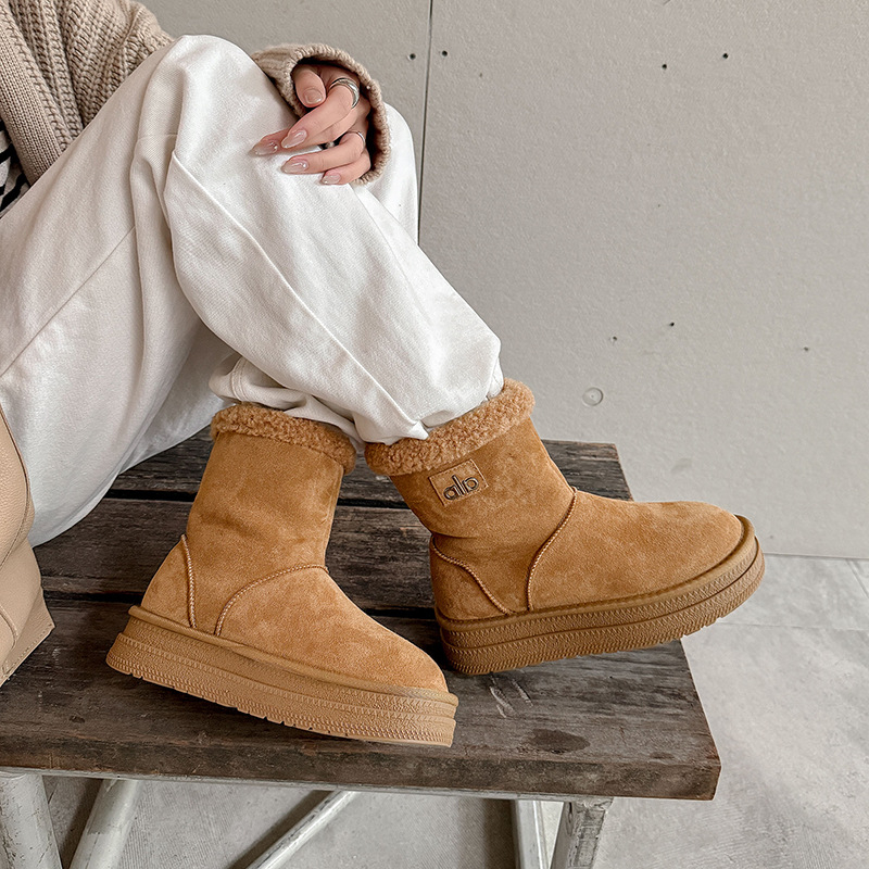 Ghete de iarnă în stil coreean, cu partea superioară din suede, impermeabile, antiderapante, căptușite cu blană artificială, talpă groasă, toc 3-5 cm