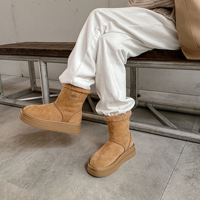 Ghete de iarnă în stil coreean, cu partea superioară din suede, impermeabile, antiderapante, căptușite cu blană artificială, talpă groasă, toc 3-5 cm