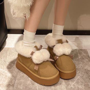 Cizme de zăpadă pentru femei, căptușite cu blană, talpă groasă, slip-on, gležnă scurtă; partea superioară: nubuk de vițel, căptușeală din blană artificială, talpă din cauciuc, înălțimea tocurilor 3-5 cm