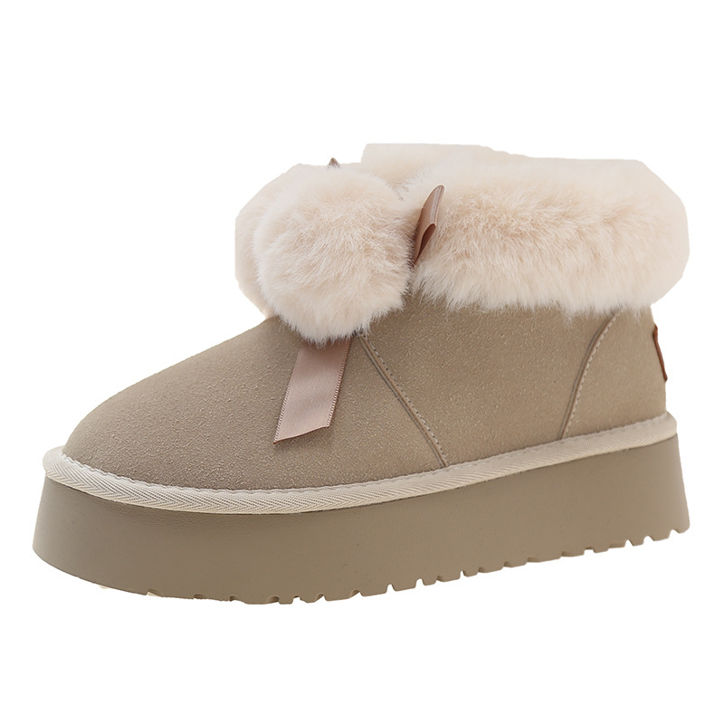 Cizme de zăpadă pentru femei, căptușite cu blană, talpă groasă, slip-on, gležnă scurtă; partea superioară: nubuk de vițel, căptușeală din blană artificială, talpă din cauciuc, înălțimea tocurilor 3-5 cm