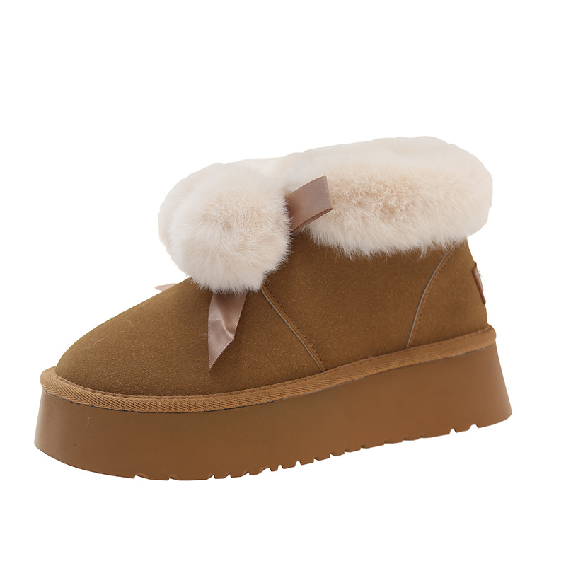 Cizme de zăpadă pentru femei, căptușite cu blană, talpă groasă, slip-on, gležnă scurtă; partea superioară: nubuk de vițel, căptușeală din blană artificială, talpă din cauciuc, înălțimea tocurilor 3-5 cm