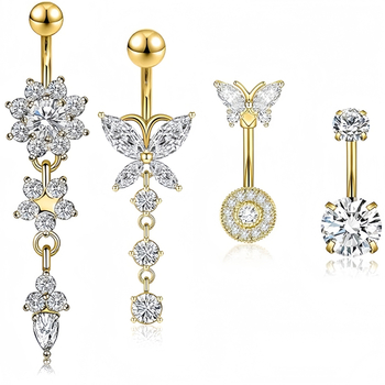 Nerđajući čelik pupak prsten sa cirkonijom ugraviranom, oblik srca, motiv cvijet-leptir, elektroplatiniran