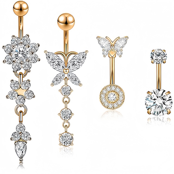 Nerđajući čelik pupak prsten sa cirkonijom ugraviranom, oblik srca, motiv cvijet-leptir, elektroplatiniran