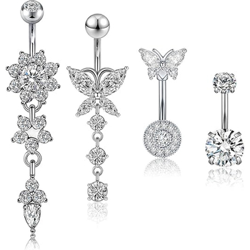 Nerđajući čelik pupak prsten sa cirkonijom ugraviranom, oblik srca, motiv cvijet-leptir, elektroplatiniran