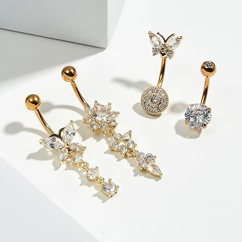 Nerđajući čelik pupak prsten sa cirkonijom ugraviranom, oblik srca, motiv cvijet-leptir, elektroplatiniran