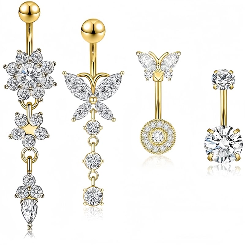 Nerđajući čelik pupak prsten sa cirkonijom ugraviranom, oblik srca, motiv cvijet-leptir, elektroplatiniran