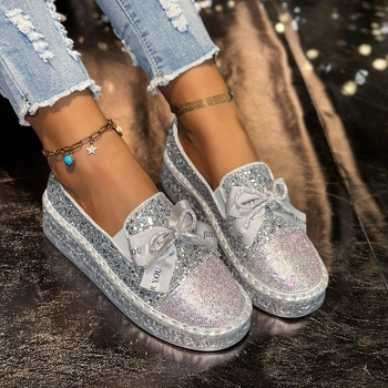 женски лофери без връзки с панделка от кристали и дебела платформа