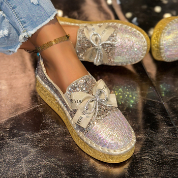 женски лофери без връзки с панделка от кристали и дебела платформа