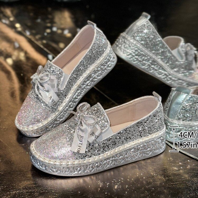 женски лофери без връзки с панделка от кристали и дебела платформа