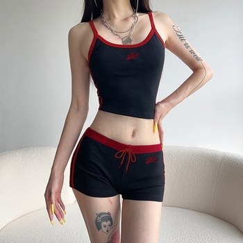 Set casual din două piese cu broderie cu litere pe top fără mâneci și șorturi cu șiret, din bumbac/acetat, vară 2024, stil stradal