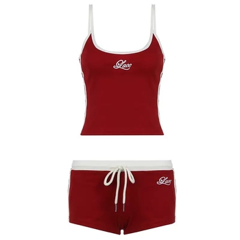 Set casual din două piese cu broderie cu litere pe top fără mâneci și șorturi cu șiret, din bumbac/acetat, vară 2024, stil stradal