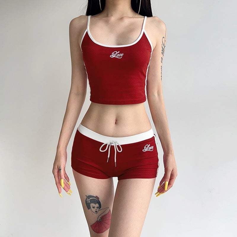 Set casual din două piese cu broderie cu litere pe top fără mâneci și șorturi cu șiret, din bumbac/acetat, vară 2024, stil stradal