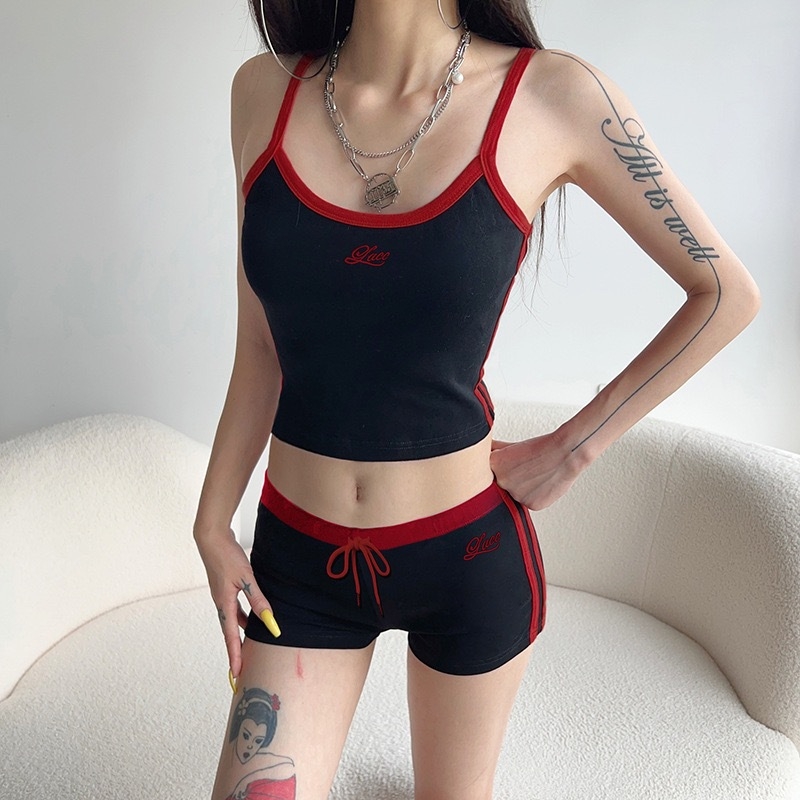 Set casual din două piese cu broderie cu litere pe top fără mâneci și șorturi cu șiret, din bumbac/acetat, vară 2024, stil stradal