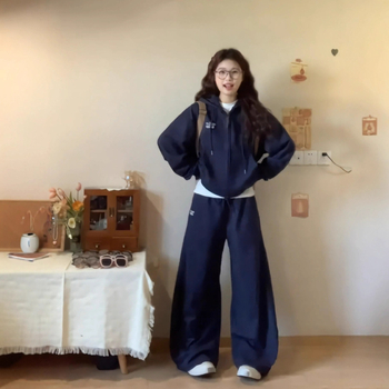 Set de două piese pentru femei, hanorac cu glugă și pantaloni trening, stil coreean, casual, cusături brodate, poliester 95%+