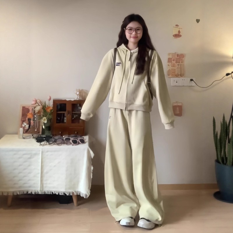 Set de două piese pentru femei, hanorac cu glugă și pantaloni trening, stil coreean, casual, cusături brodate, poliester 95%+