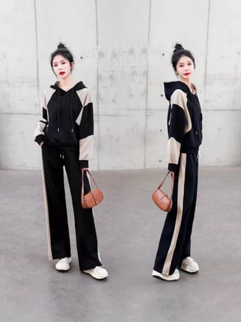 Set casual feminin două piese cu hanorac velur, design pe panouri, bumbac și elastan, toamnă 2025