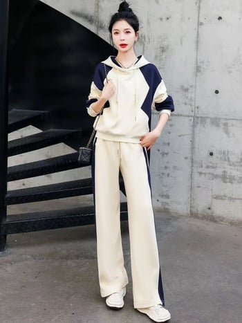 Set casual feminin două piese cu hanorac velur, design pe panouri, bumbac și elastan, toamnă 2025