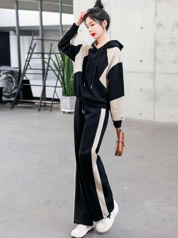 Set casual feminin două piese cu hanorac velur, design pe panouri, bumbac și elastan, toamnă 2025