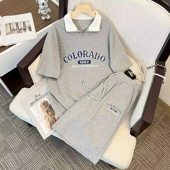 Korejski stil casual sportski dvodijelni set za djevojčice — Ljeto 2024, otisak slova/brojeva/teksta, poliester ≥95%, top i šorc, normalni rukavi, duljina rukava 3/4, Leisure stil