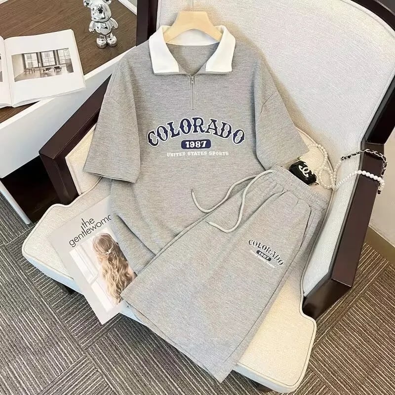 Korejski stil casual sportski dvodijelni set za djevojčice — Ljeto 2024, otisak slova/brojeva/teksta, poliester ≥95%, top i šorc, normalni rukavi, duljina rukava 3/4, Leisure stil