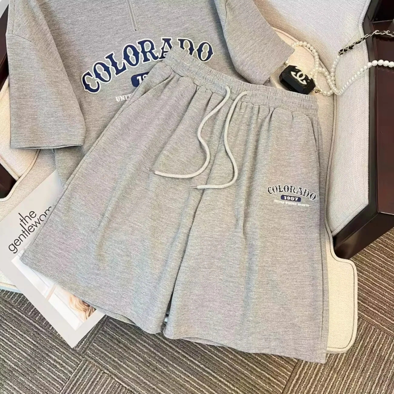 Korejski stil casual sportski dvodijelni set za djevojčice — Ljeto 2024, otisak slova/brojeva/teksta, poliester ≥95%, top i šorc, normalni rukavi, duljina rukava 3/4, Leisure stil