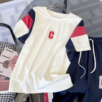 Divdaļīgs kokvilnas un poliestera sporta komplekts ar 3/4 garuma piedurknēm un platām biksēm, vasara 2024