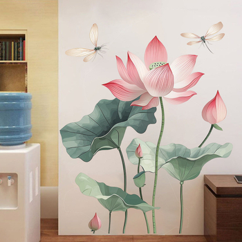 Naljepnica za zid: dizajn lotosa i dragonfly, PVC materijal, 2-dijelni set, graffiti stil, moderni minimalistički dekor za dnevni boravak i spavaću sobu