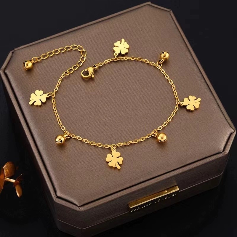 Anklet od titanij čelika s četverolisnim listom i zvončićem, starinski stil, nišni dizajn