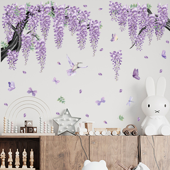 PVC стенен стикер – лоза Wisteria с цветя и пеперуди, 2 части, модел растения и цветя за хол, спалня и кабинет, модерен минимализъм
