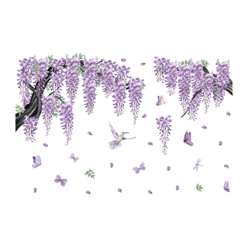 PVC стенен стикер – лоза Wisteria с цветя и пеперуди, 2 части, модел растения и цветя за хол, спалня и кабинет, модерен минимализъм