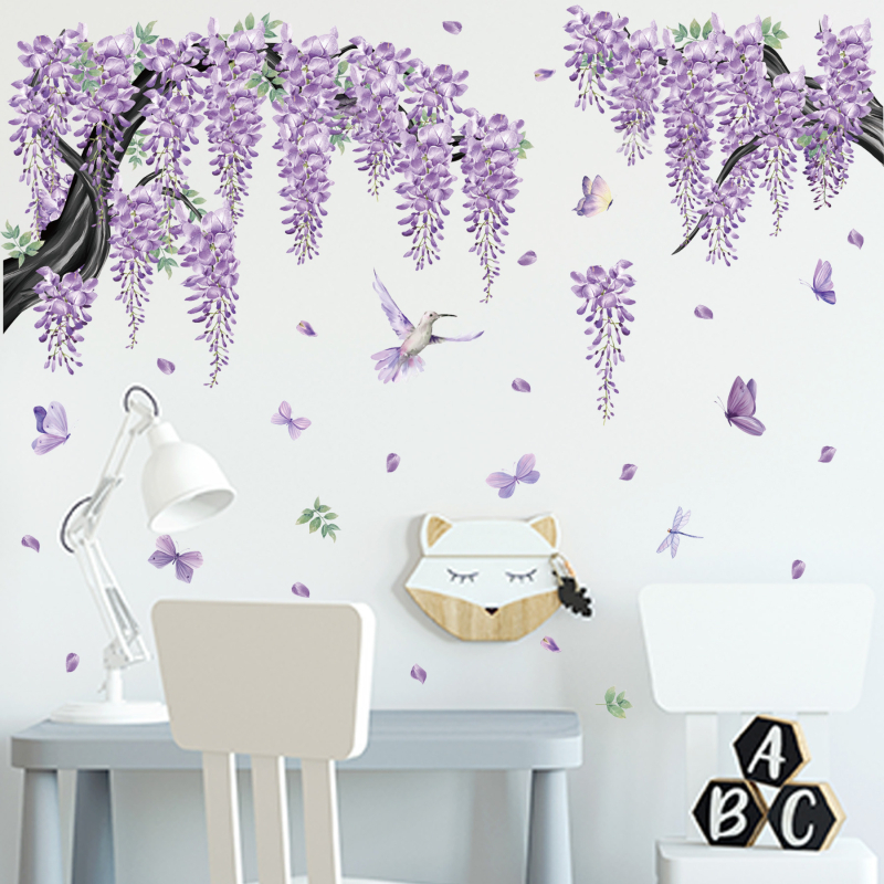 PVC стенен стикер – лоза Wisteria с цветя и пеперуди, 2 части, модел растения и цветя за хол, спалня и кабинет, модерен минимализъм