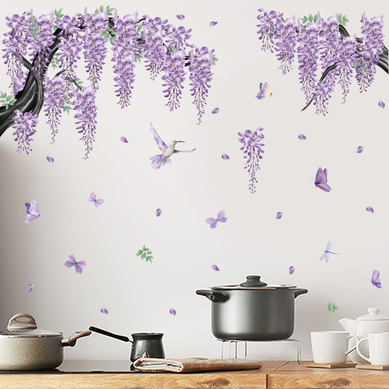 PVC стенен стикер – лоза Wisteria с цветя и пеперуди, 2 части, модел растения и цветя за хол, спалня и кабинет, модерен минимализъм