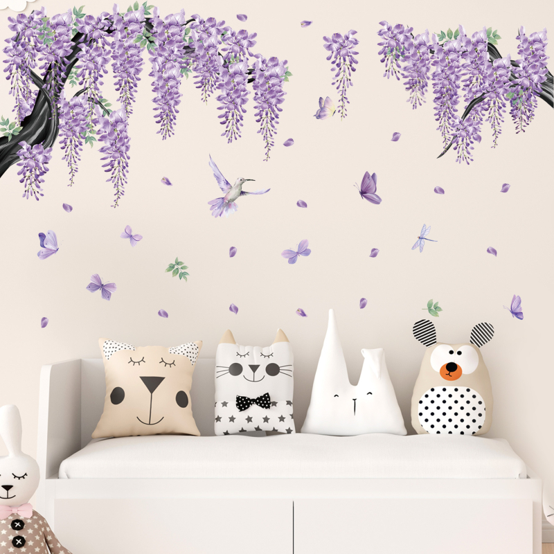 PVC стенен стикер – лоза Wisteria с цветя и пеперуди, 2 части, модел растения и цветя за хол, спалня и кабинет, модерен минимализъм