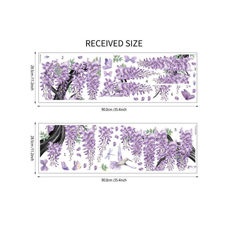 PVC стенен стикер – лоза Wisteria с цветя и пеперуди, 2 части, модел растения и цветя за хол, спалня и кабинет, модерен минимализъм