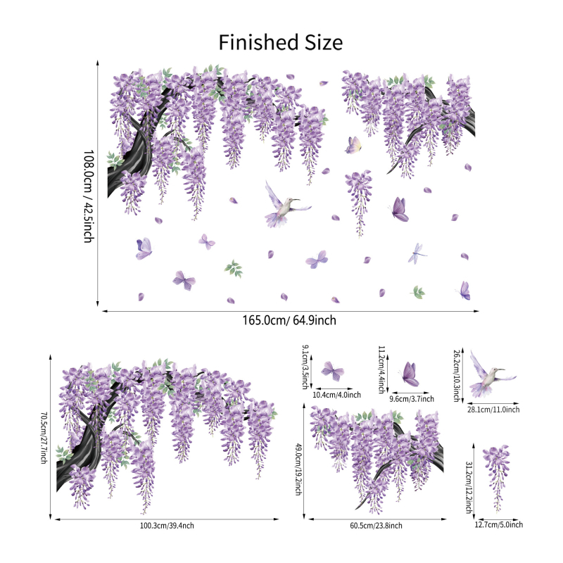 PVC стенен стикер – лоза Wisteria с цветя и пеперуди, 2 части, модел растения и цветя за хол, спалня и кабинет, модерен минимализъм