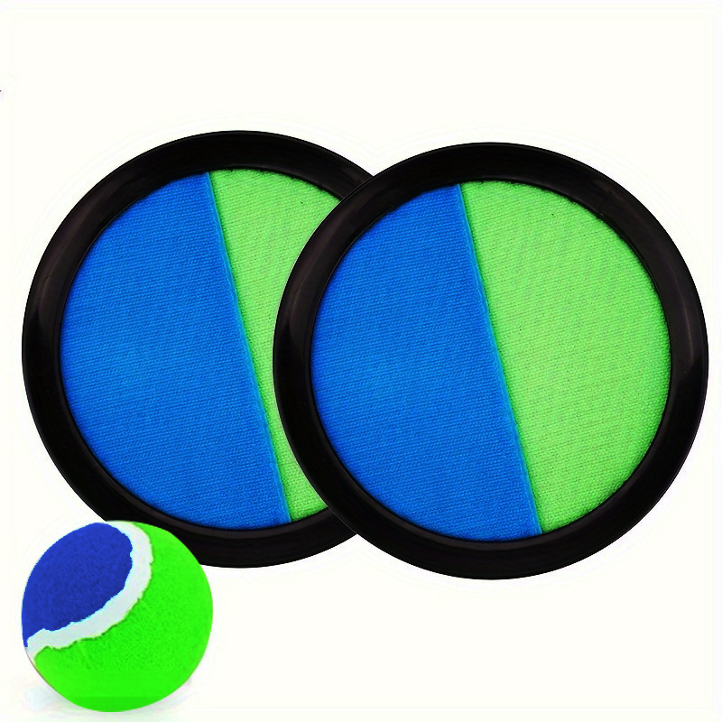 Műanyagból készült tapadó tenyeres golyó dobó- és elkapó készlet; elősegíti a kéz-szem koordinációt, a szenzoros fejlődést és a motoros készségeket; 4–6 éveseknek; méretek 18,5×18,5 cm és 6,5×6,5 cm