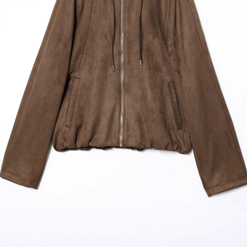 Sieviešu kapucēta velūra bomber jaka, 3D raksts, kolāžas šūšana, poliesteris