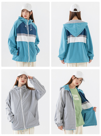 Sieviešu reversīva kapucēta jaka pret vēju, Korejas stilā, brīva piegriezums, garas piedurknes, priekšējais rāvējslēdzējs, poliestera audums